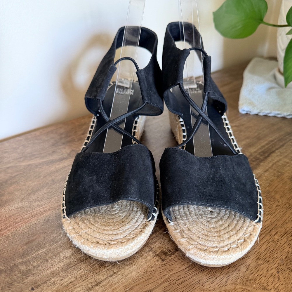 Eileen Fisher Agnes Espadrille Wedge Sandal Size 10 Black Suede Summer Boho Chic